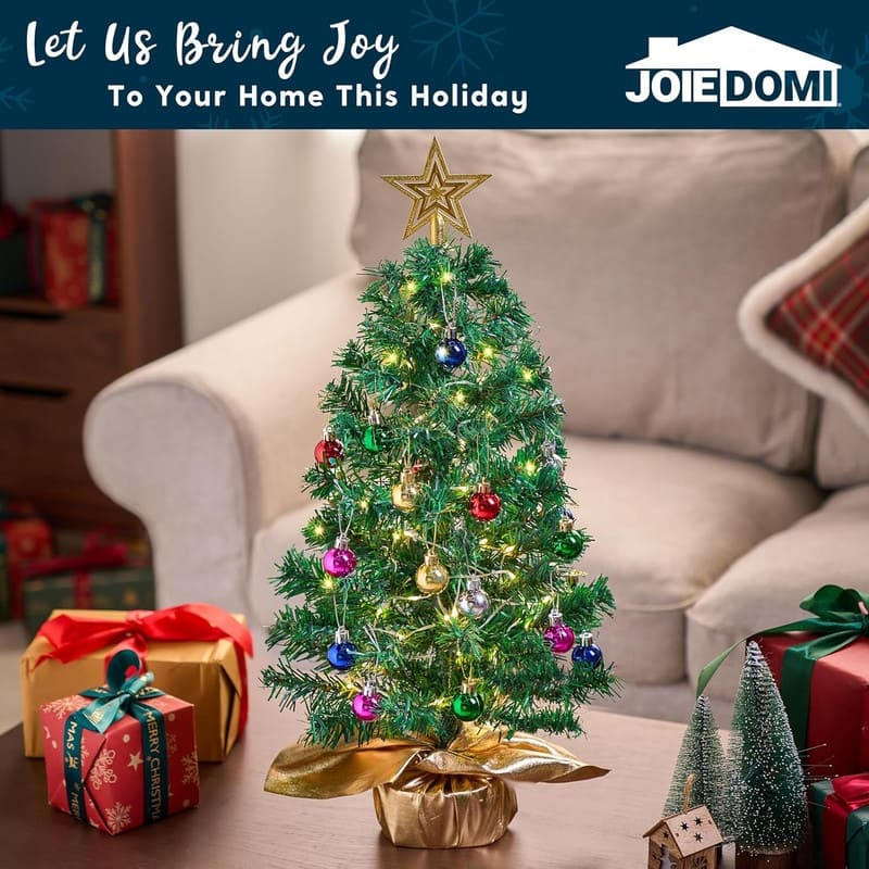 24"/2FT Small Christmas Tree with Lights, Pre-lit Artificial Xmas Tree Green LED Mini Tree for Christmas Decorations
