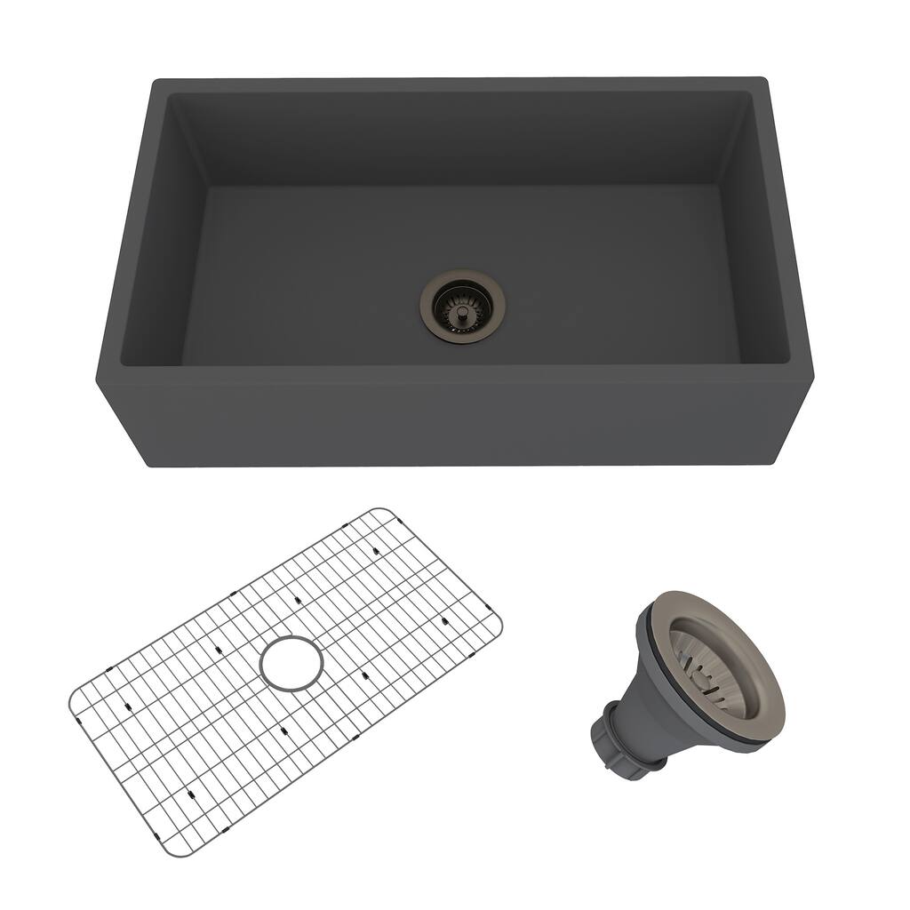 33 in. Farmhouse/Apron-Front Single Bowl Concrete Kitchen Sink with Bottom Grids and Strainer - 33 x 18