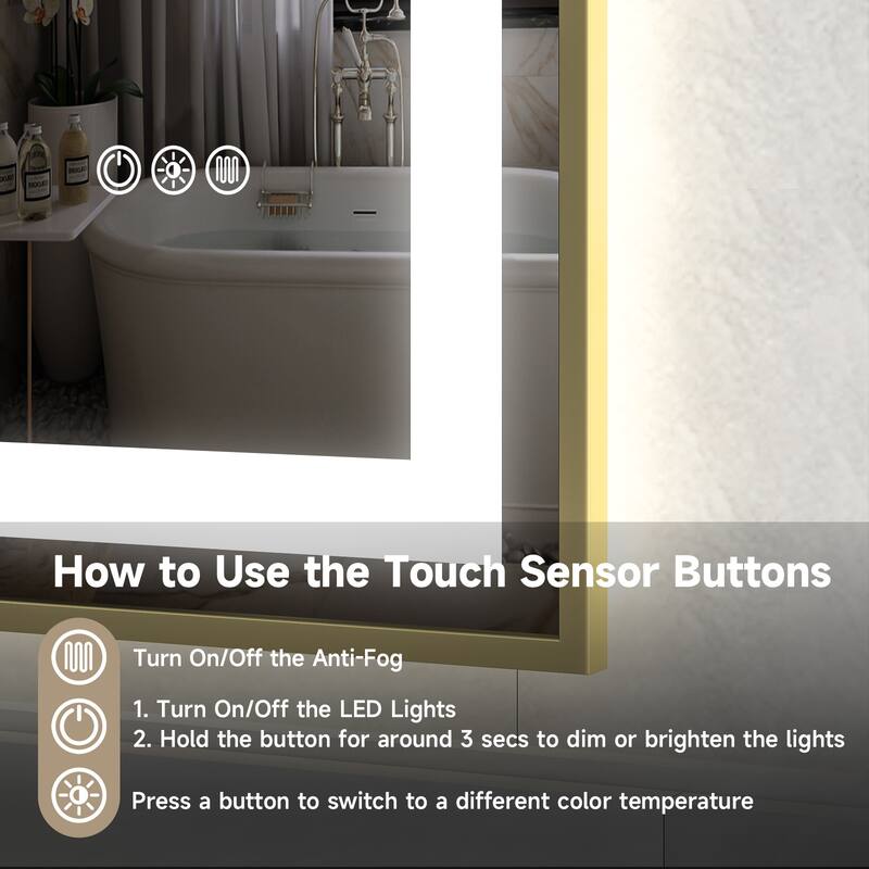 Gold-Silver Glass LED Vanity Mirror with Dual Lighting, Anti-Fog and Dimming - 60” W x 36” H