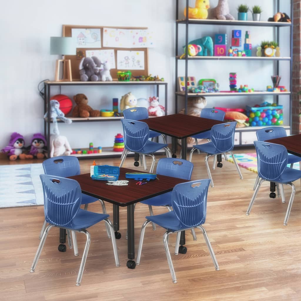 36 in. Square Height Adjustable Moblie Classroom Table - Mahogany & 4 12-in Stack Chairs- Navy Blue