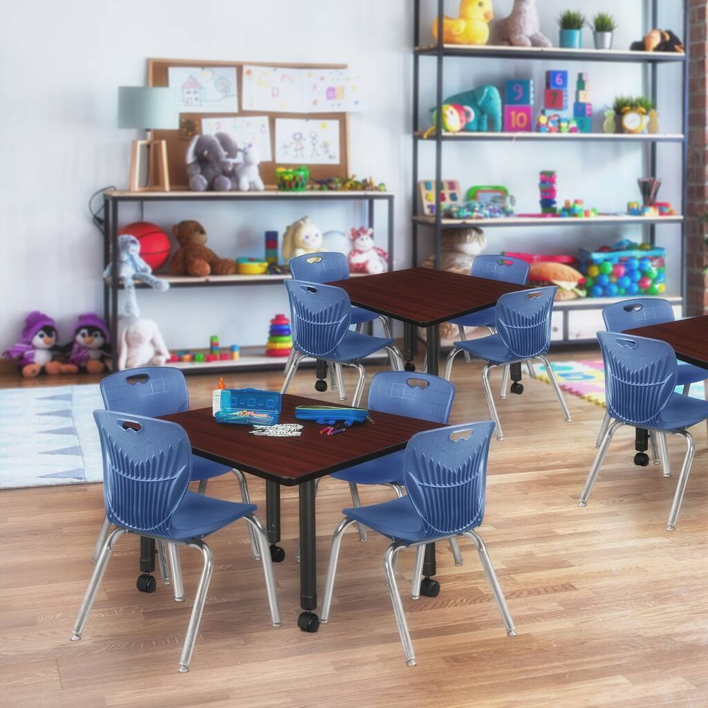 42 in. Square Height Adjustable Moblie Classroom Table - Mahogany & 4 12-in Stack Chairs- Navy Blue