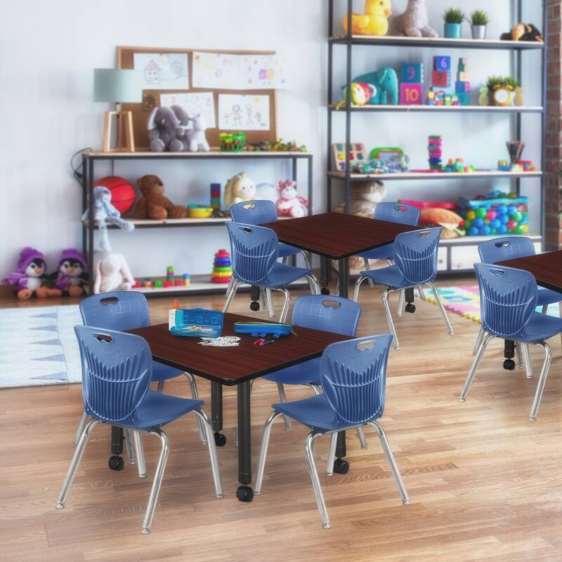 42 in. Square Height Adjustable Moblie Classroom Table - Mahogany & 4 12-in Stack Chairs- Navy Blue