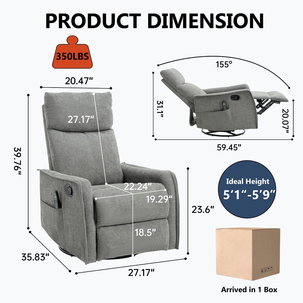 Manual Recliner Chair with Heat & Massage, Fabric Upholstered Glider Recliner, Swivel Recliner Chair with Side Pockets