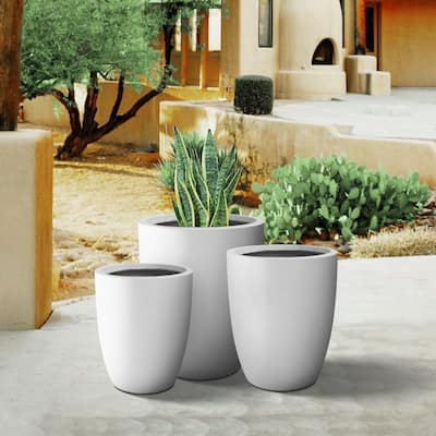 Plantara 23", 21" & 18" H Solid White Concrete Round Flower pot, Modern planter (Set of 3), Outdoor Plant pot for Garden