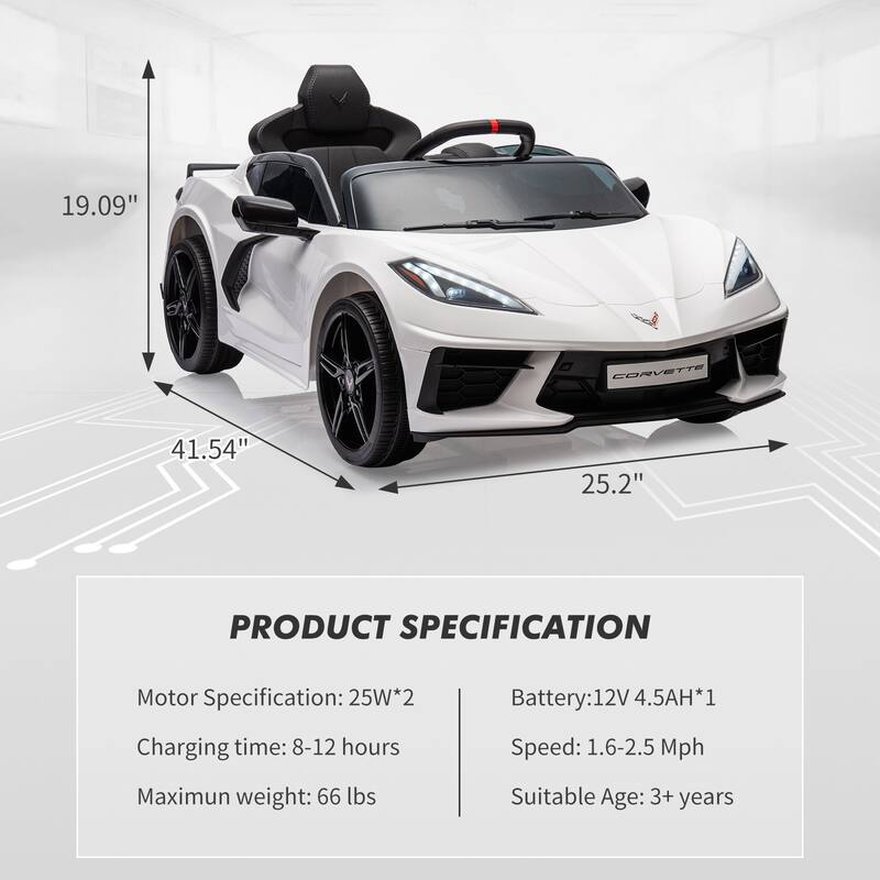 12V Kids Ride on Car, Licensed Corvette Battery Powered Car, Toddler Electric Sports Car Toy