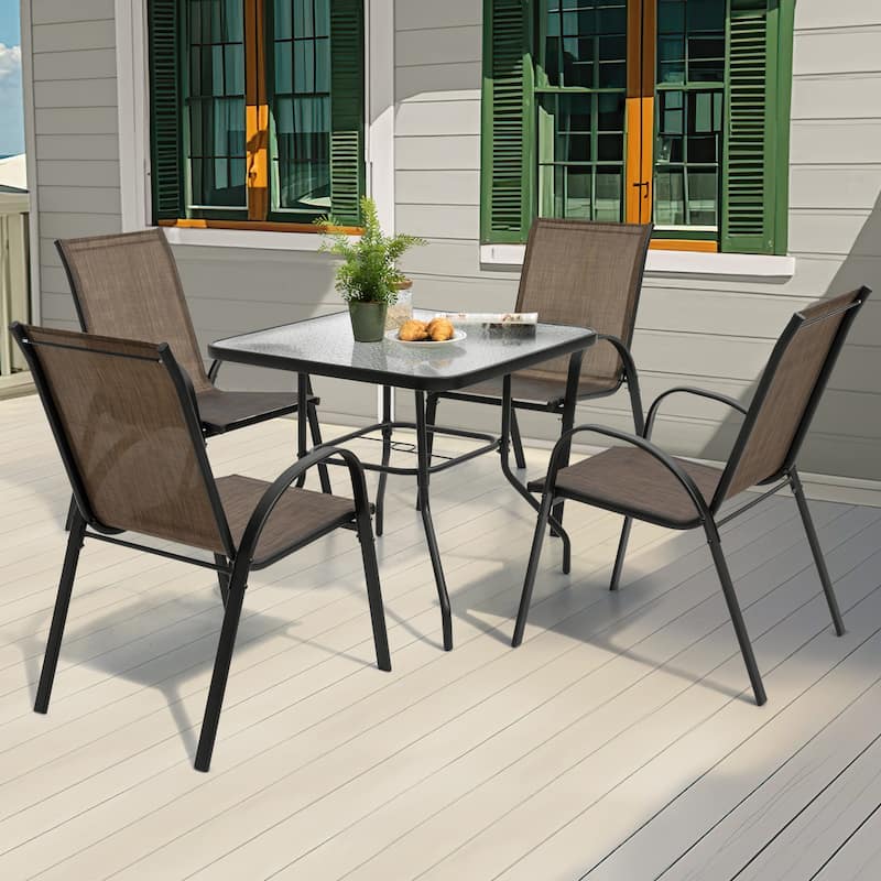 5-Piece Outdoor Dining Set, Textilene Stackable Chairs and Umbrella Hole