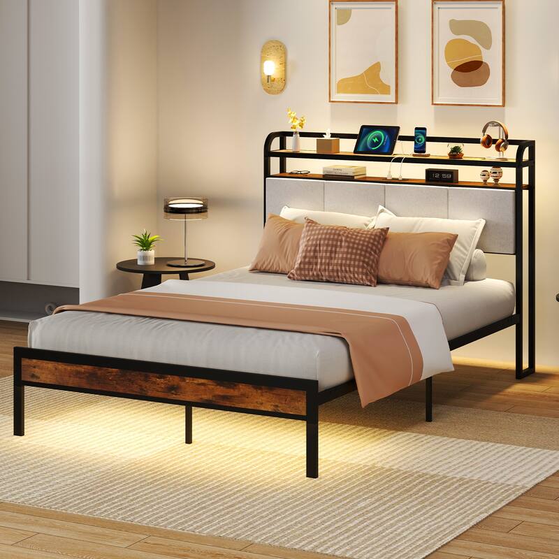 Bed Frame with LED Lights Charging Ports and Storage Headboard