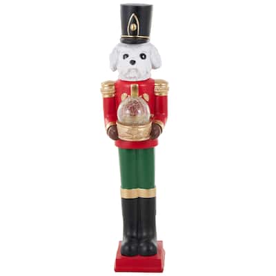 Fiberglass Dog Tall Soldier Nutcracker Christmas Sculpture with LED Light Snow Globe - Red - Roche River Decor
