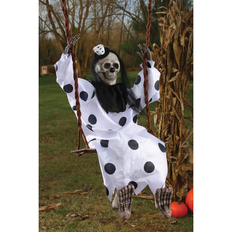 Skeleton Clown On Swing Outdoor Halloween Decoration 30.5" Black White