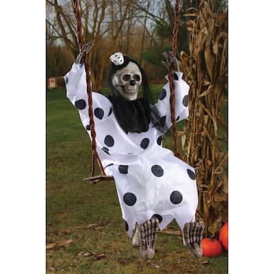 Skeleton Clown On Swing Outdoor Halloween Decoration 30.5" Black White