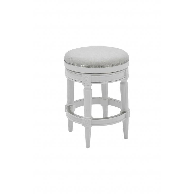 White Round Swivel Backless Bar Stool with Fabric Seat and Footrest