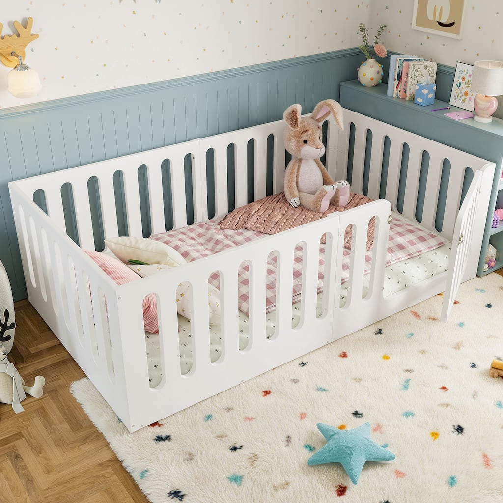 Twin Size Floor Bed with High Fence for Kids, Solid Wood Kids Montessori Bed with Door, No Box Spring Needed Design