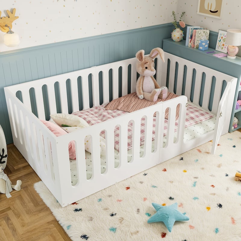 Twin Size Floor Bed with High Fence for Kids, Solid Wood Kids Montessori Bed with Door, No Box Spring Needed Design - Light White