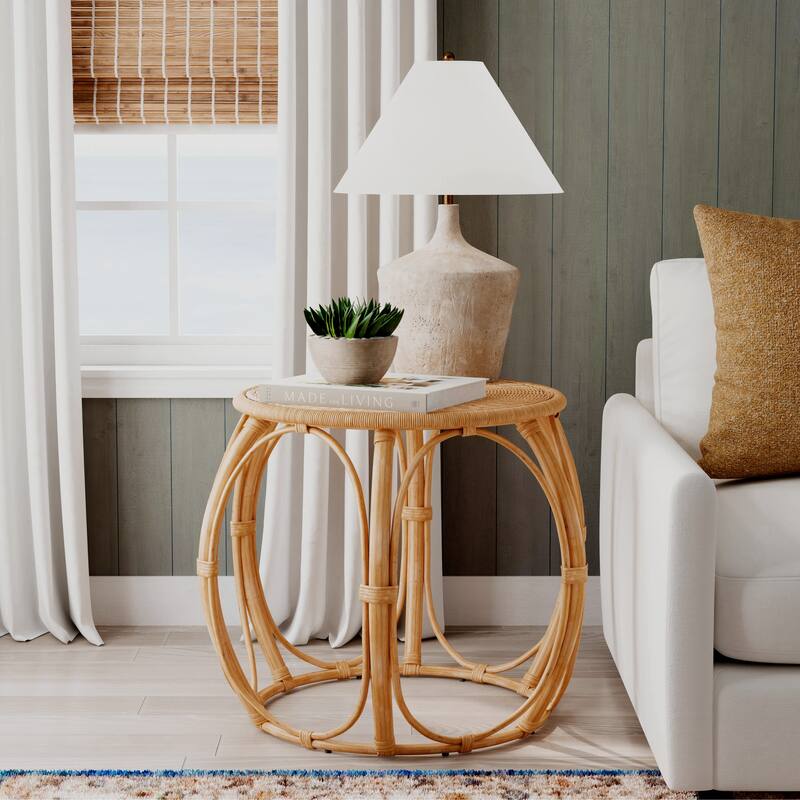 Savannah Woven Rattan Round End Table - Wood