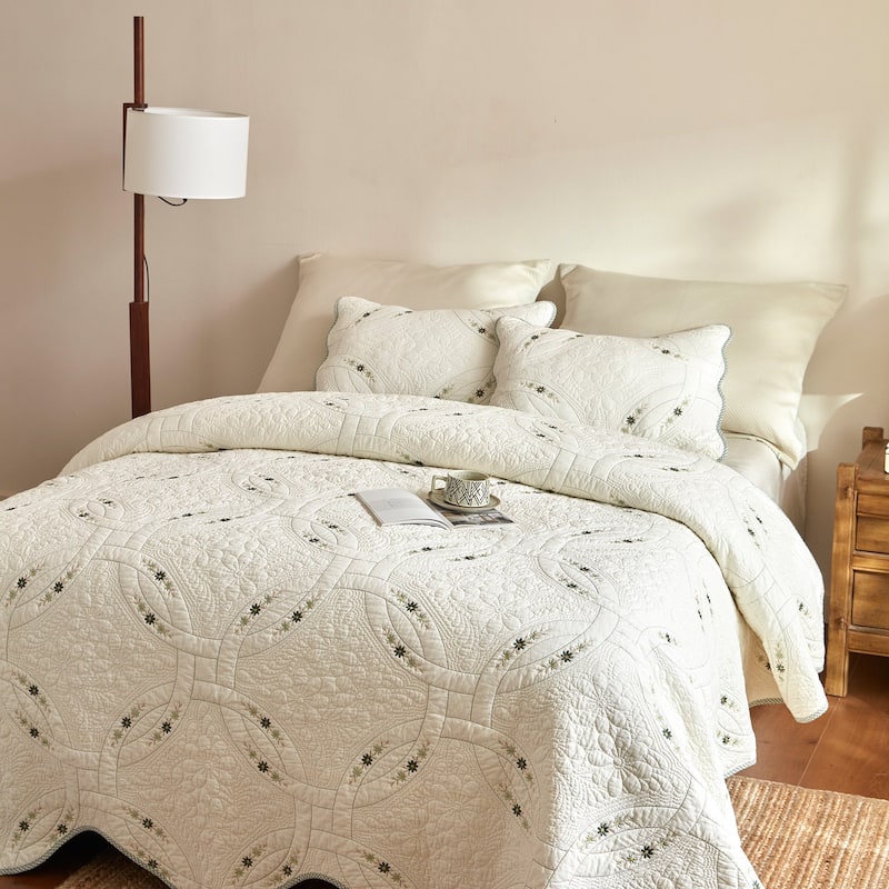 3Pcs Lightweight Cotton Quilt European Cottage Floral Bedspread Set