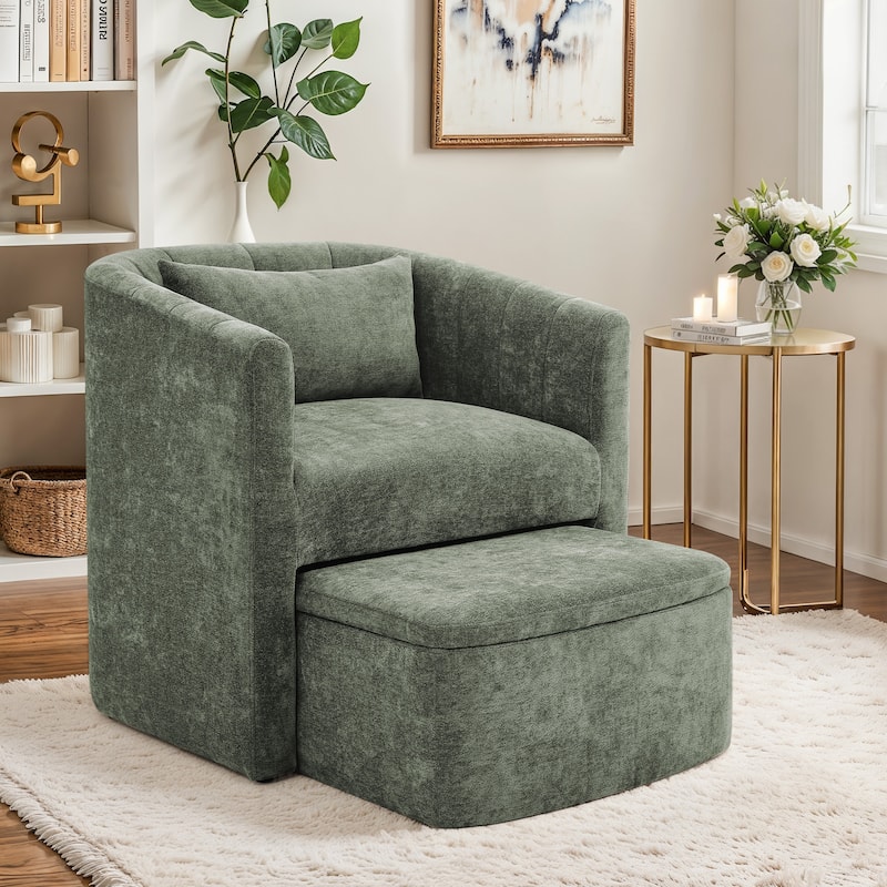 Upholstered Chenille Barrel Accent Chair With Storage Ottoman,Modern Barrel Arm Chair,Reading Chair With Ottoman For Living Room - Grayish Green