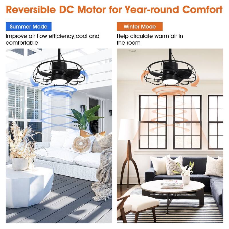 20" Industrial Black Wet Outdoor Caged Ceiling Fan with Light and Remote