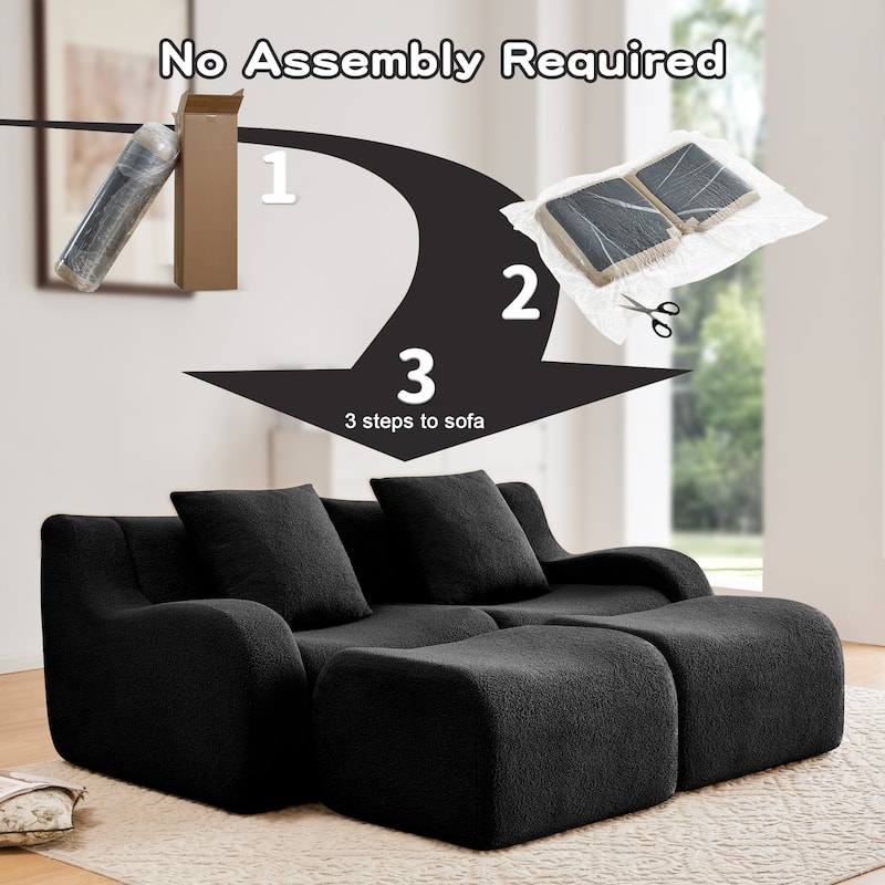 Teddy Fabric Boneless Sectional Sofa Set with 2 Ottoman, Modern Chaise Lounge Sofa with Curved Armrests, Anti-Slip Base