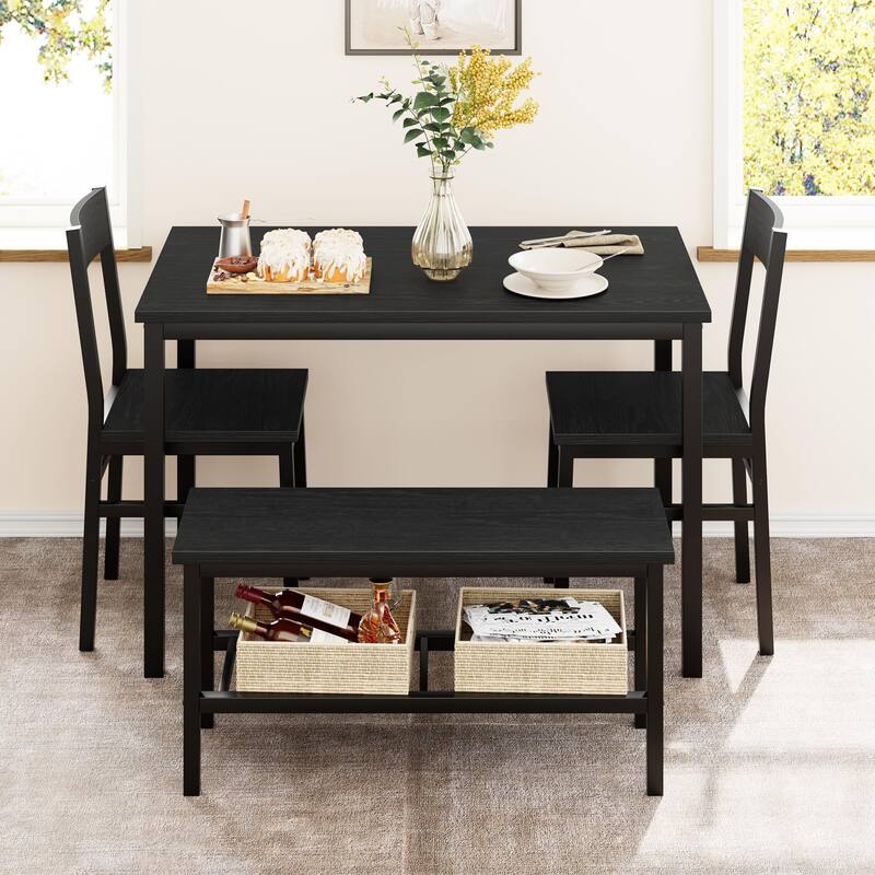 Dining Table Set for 4, with Bench & 2 Chairs - Black