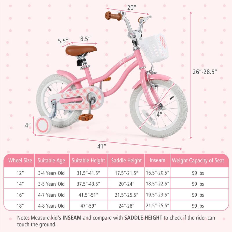 Kids Bike with Training Wheels and Basket for Ages 3-8 Boys Girls
