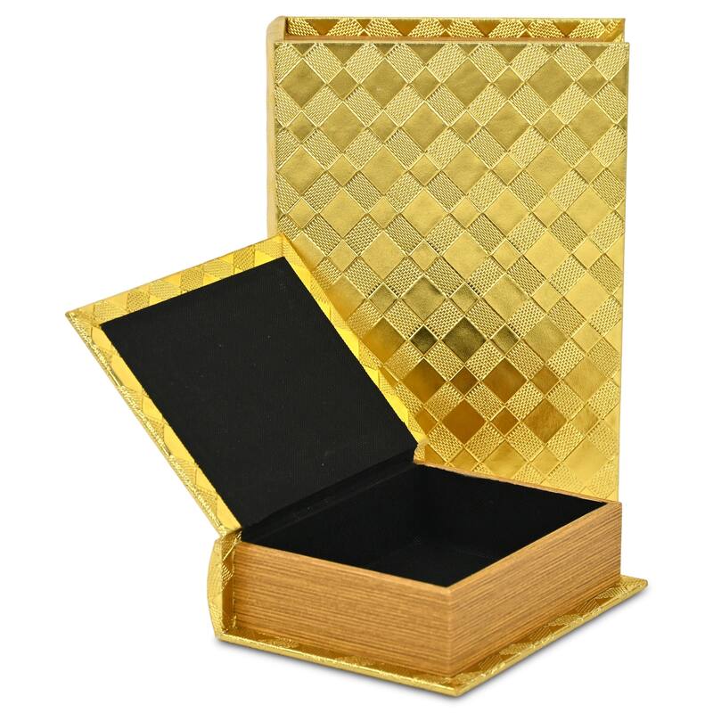 Diamond Checkered Nesting Book Boxes - 11" - Gold - Set of 2