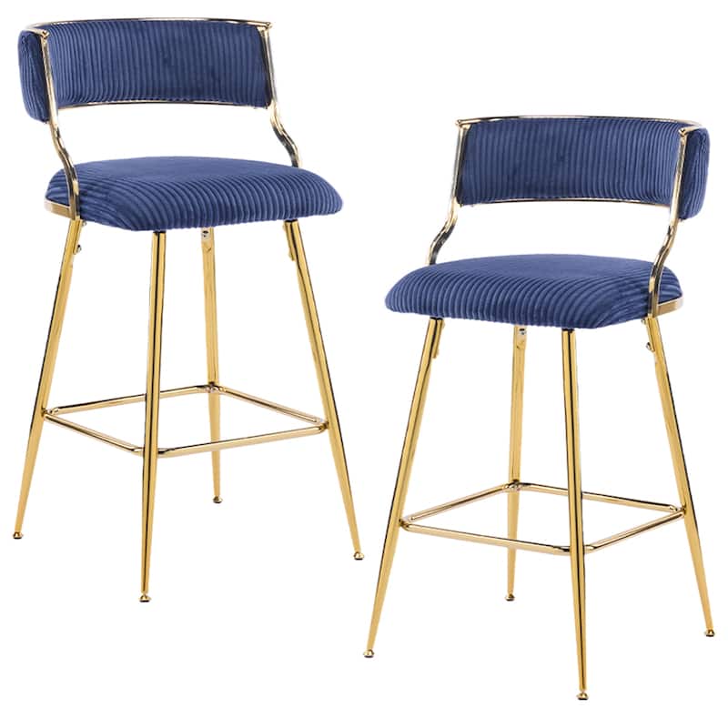 Set of 2 Modern Blue Corduroy Bar Stool with Curved Backrest and Gold Steel Frame for Indoor Use