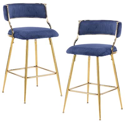 Set of 2 Modern Blue Corduroy Bar Stool with Curved Backrest and Gold Steel Frame for Indoor Use