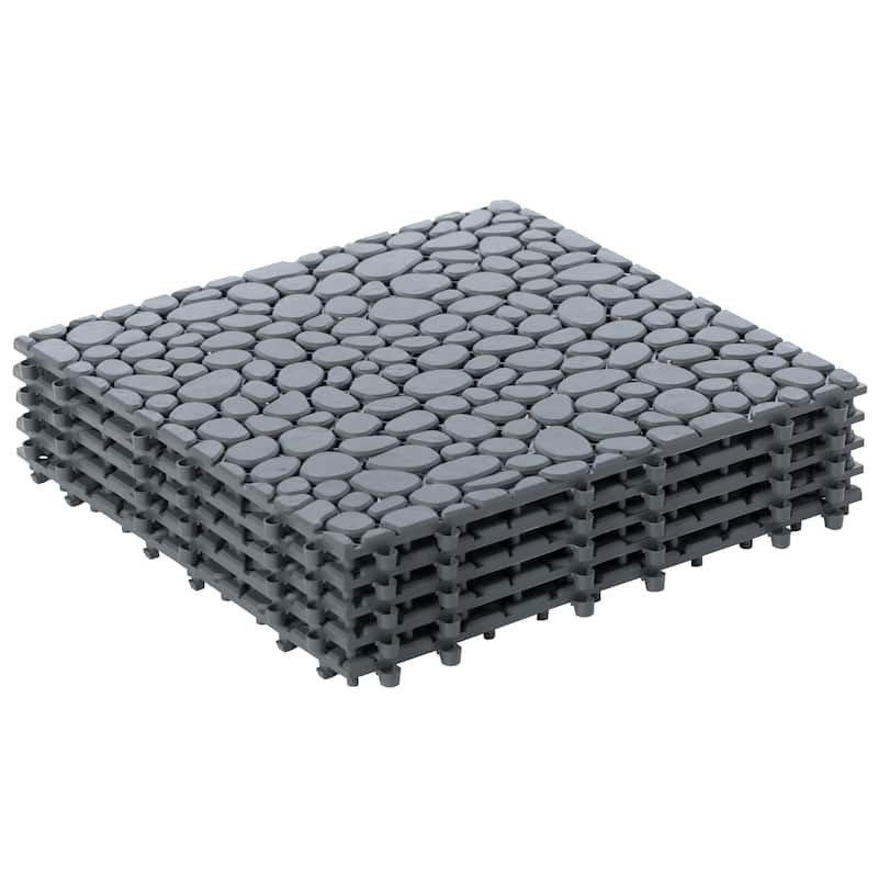 Interlocking Cobbled Stone Look Garden Pathway Tiles, Decorative Floor Grass Pavers Anti- Slip Mat, 5 pack