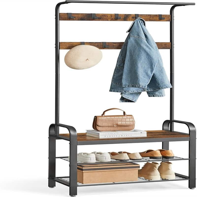 Entryway Bench with Coat Rack - Rustic Brown + Black