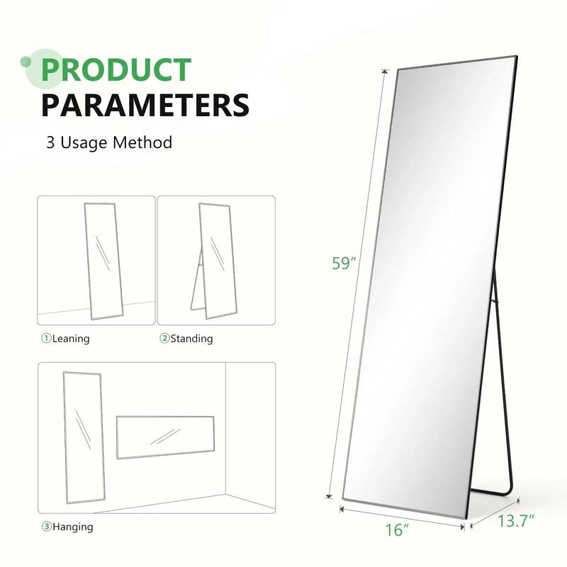 Full Length Mirror with Stand, Floor Mirror with Frame, Full Body Mirrors, Free Standing or Wall-Mounted Mirrors for Living Room