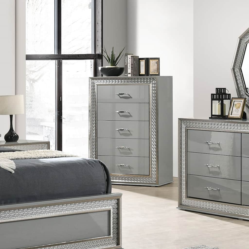 Furniture of America Rosdale Glam Metallic Grey Wood 5-Drawer Chest