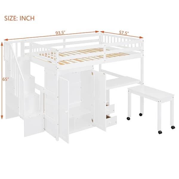 dimension image slide 1 of 3, Space-Saving Loft Bed with Storage Stairs & Two Drawers, Wooden Full Bed Frmae wiht Shelves Wardrobe, Movable table & Side Desk
