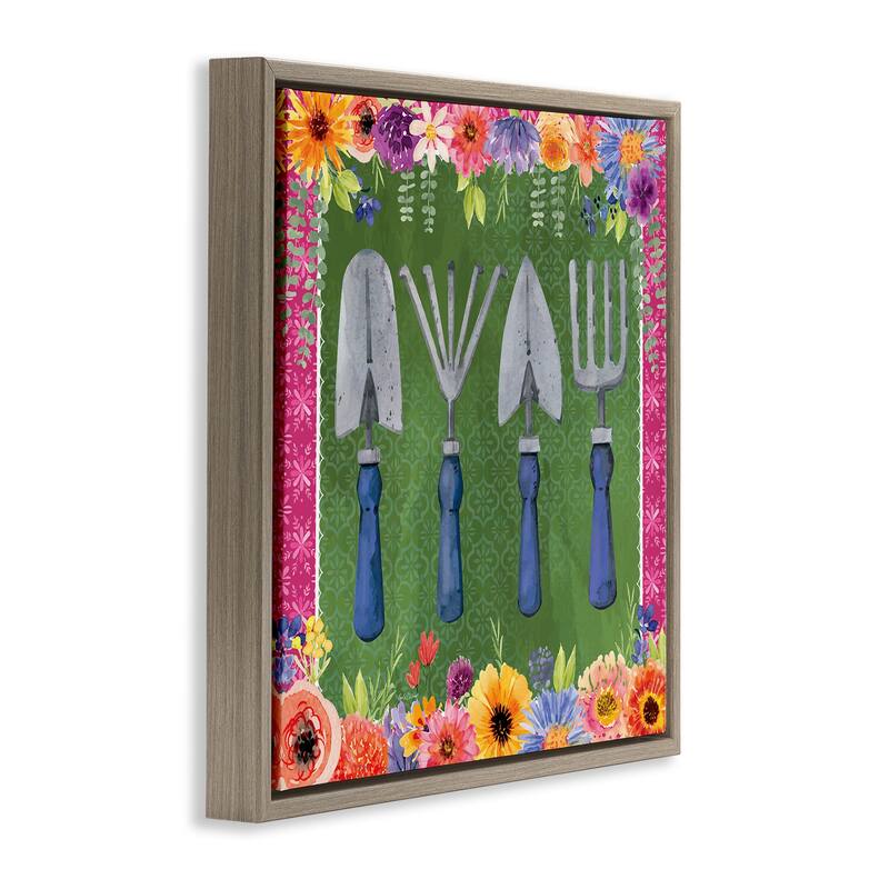 Stupell Gardening Tools & Floral Border Framed Floater Canvas Wall Art Design By Nicole DeCamp