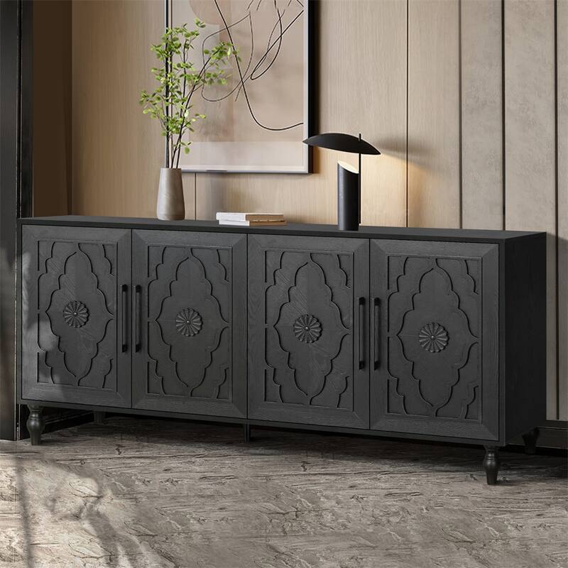 Carved Flower Door Large Storage Cabinet With Metal Handle