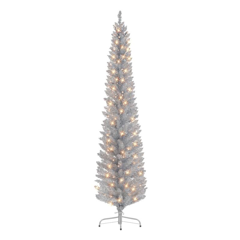 Puleo International 6 ft. Pre-lit Silver Tinsel Pencil Tree