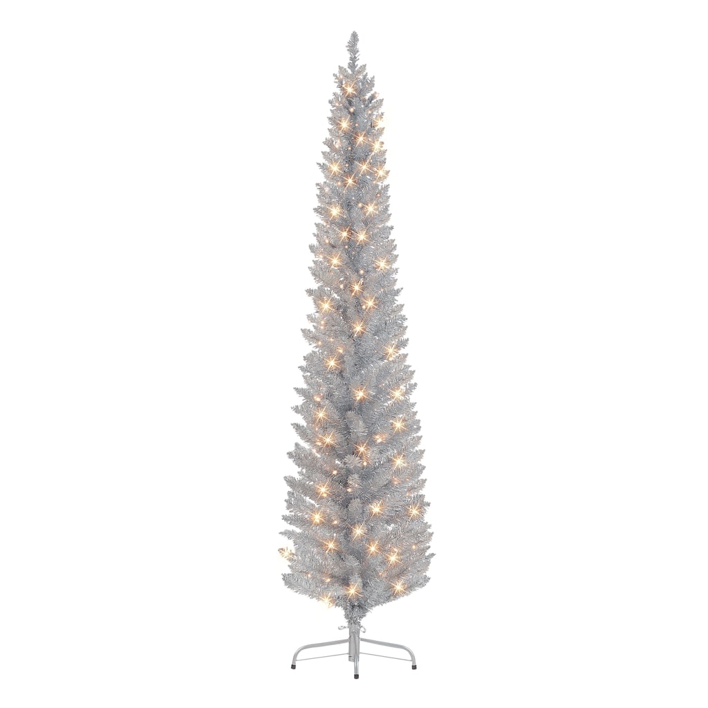 Puleo International 6 ft. Pre-lit Silver Tinsel Pencil Tree