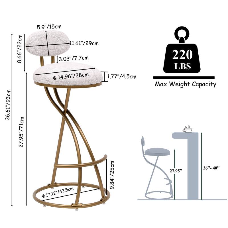 Set of 2 S-Shaped Gold Bar Stools, Floral Print Upholstered Backrest Counter Height Stools for Kitchen Island