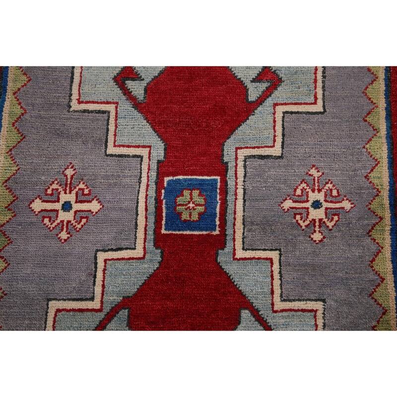 Gray Geometric Kazak Foyer Rug Handmade Oriental Wool Carpet - 3'4" x 5'5"