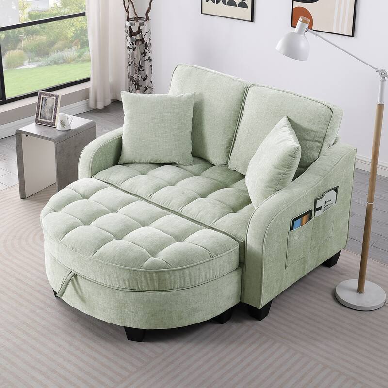 Two-Seater Chaise Lounge with Storage Footrest and Pillows, Irregular Armrest Design - Cyan