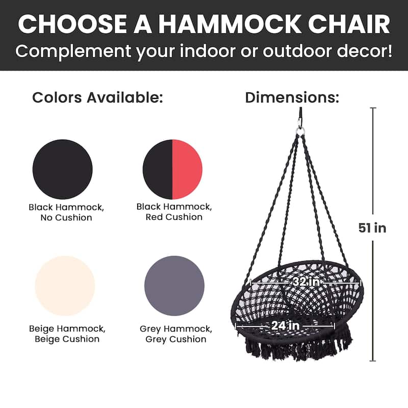 Bahia Macrame Hammock Chair Bedroom Rope Swing Indoor Outdoor Hand Woven Accent Chair - 42 x 32 in