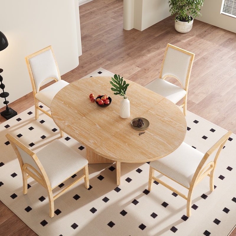 Round Dining Table Set for 4 with Extendable Top and Comfortable Upholstered Chairs for Family Meals - Natural