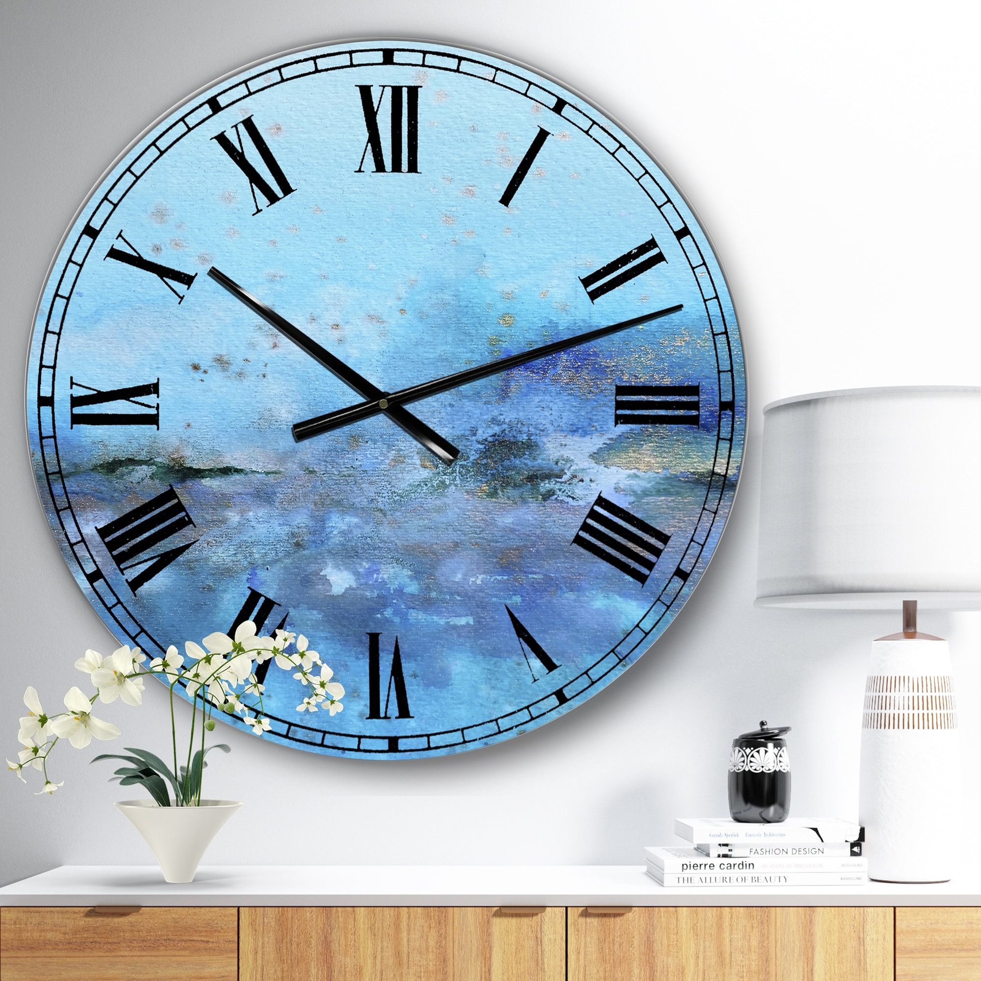 Designart 'Blue And Gold Water Impression' Large Modern Wall Clock