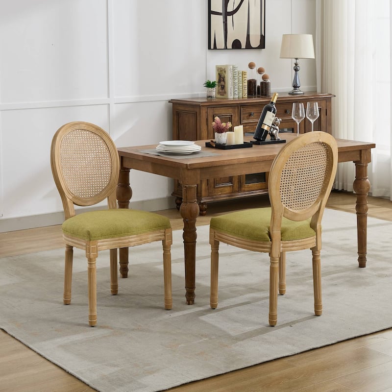 French Style Solid Wood Frame Antique Painting Linen Fabric Rattan Back Dining Chair,Set of 2