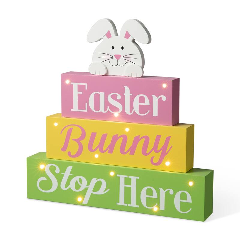 Glitzhome 12"L LED Lighted Easter Wooden Bunny Block Word Sign Table Decor Spring Gifts