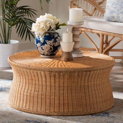 Caroline Round Natural Rattan Coffee Table - Handwoven Wicker Drum Shape Accent Table for Living Room or Sunroom, Light Honey