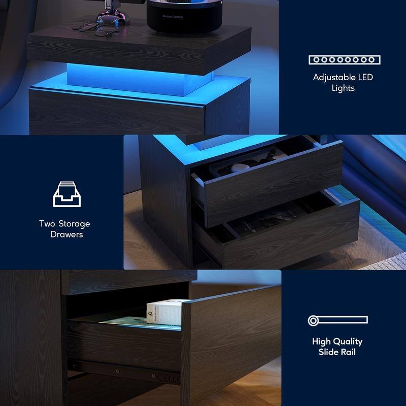 Nightstand LED Bedside Table Cabinet Lights Modern End Side with 2 Drawers for Bedroom