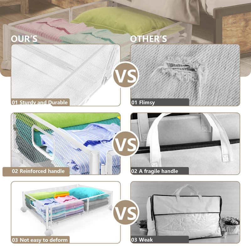 Innovaze Under Bed Storage Containers with Wheels, 2-Pack - Foldable Metal Rolling Organizers for Clothes, Bedding & Toys