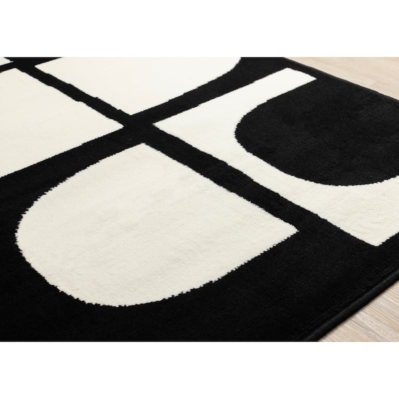 Black White Contrasting Geometric Blocks High-Traffic Rug
