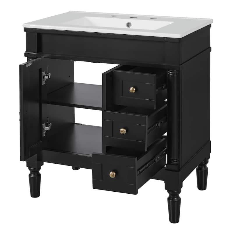 30" Bathroom Vanity with Ceramic Sink Bathroom Storage Cabinet with 3 Drawers and U-Shaped Adjustable Shelf