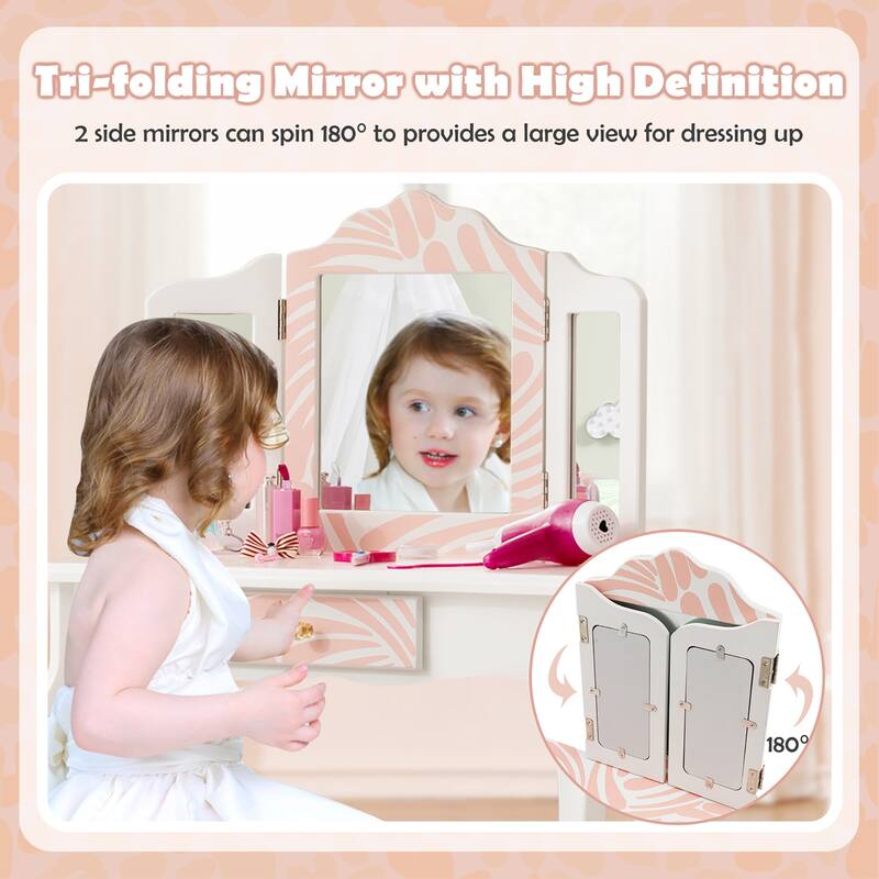 Costway Kid Vanity Set Wooden Makeup Table Stool Tri-Folding Mirror - See Details